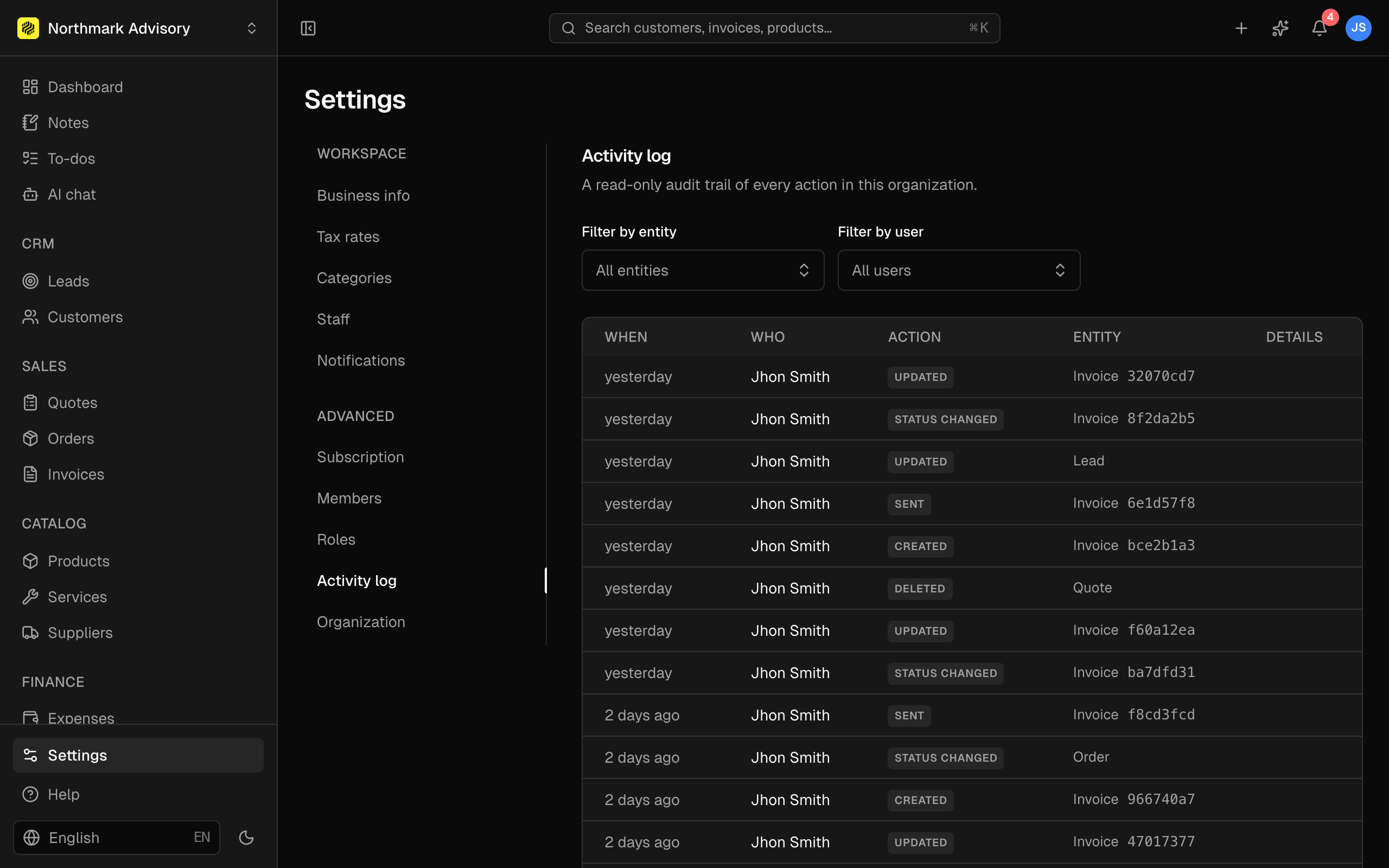 Activity log filtered by user and record type.