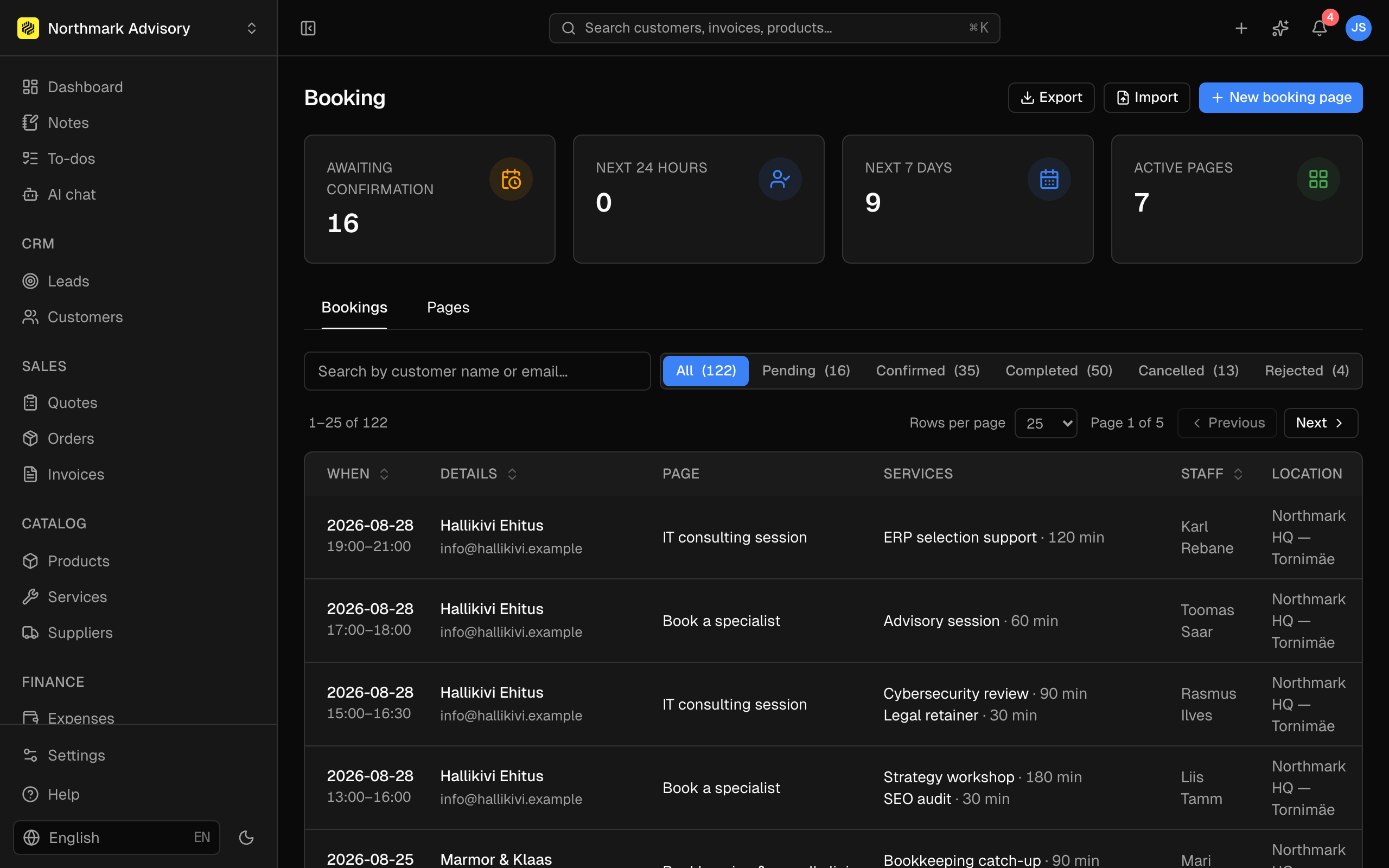 Booking page as a customer sees it, with per-staff availability.