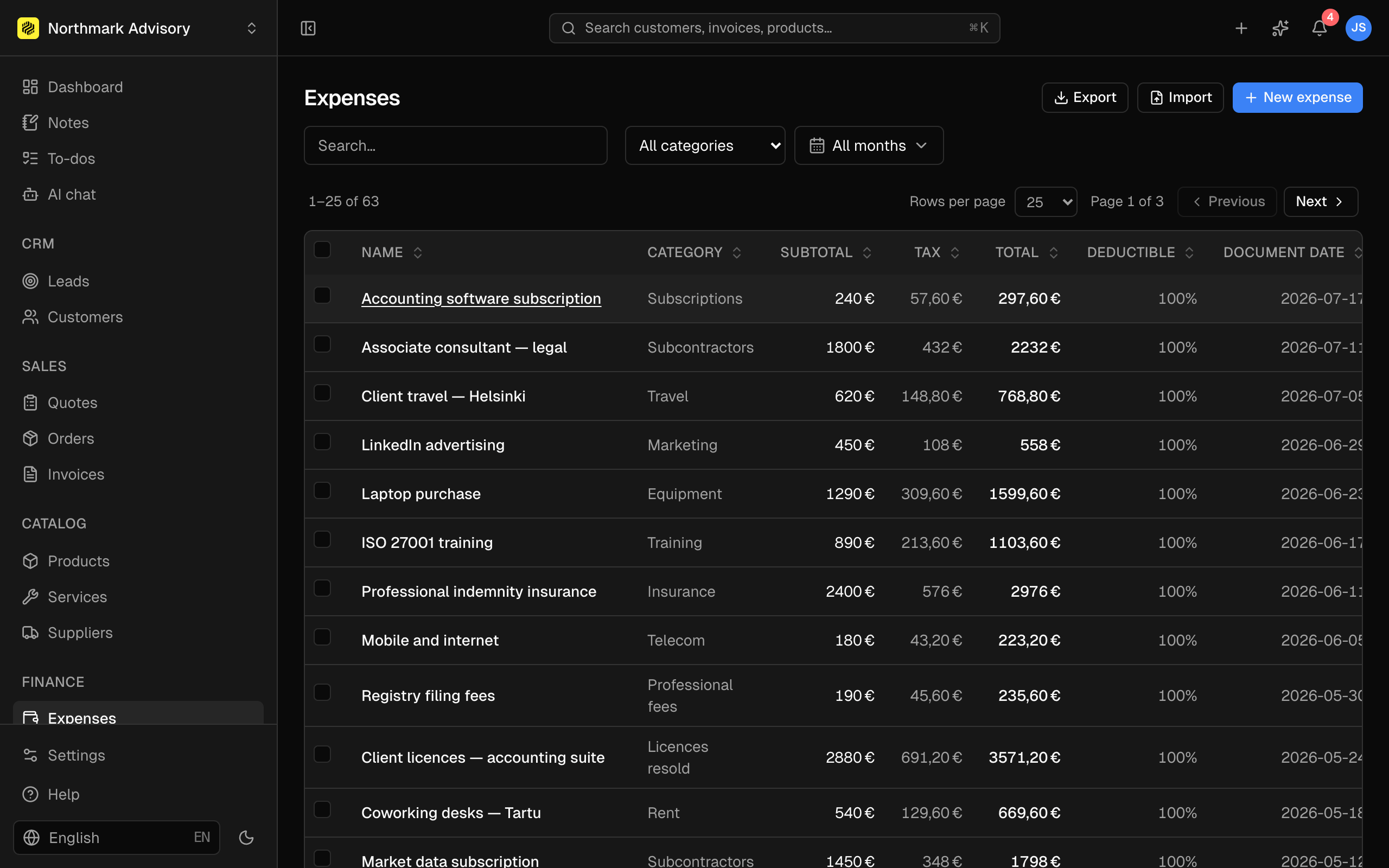 Expense entry with category, supplier and attached receipt.