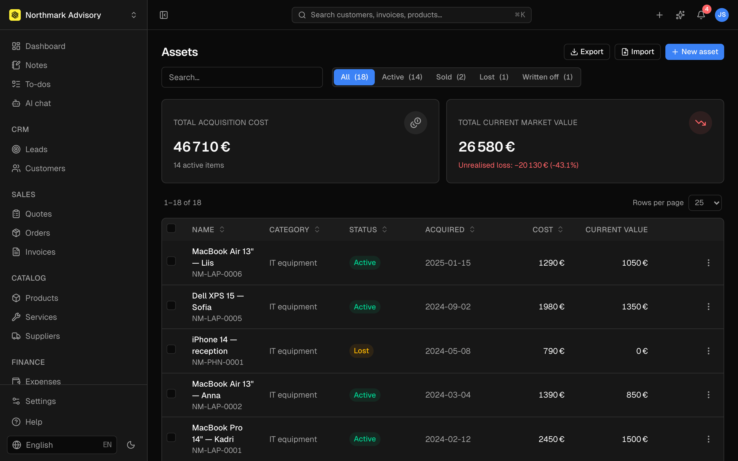 Asset record: purchase value, current value, assigned staff.
