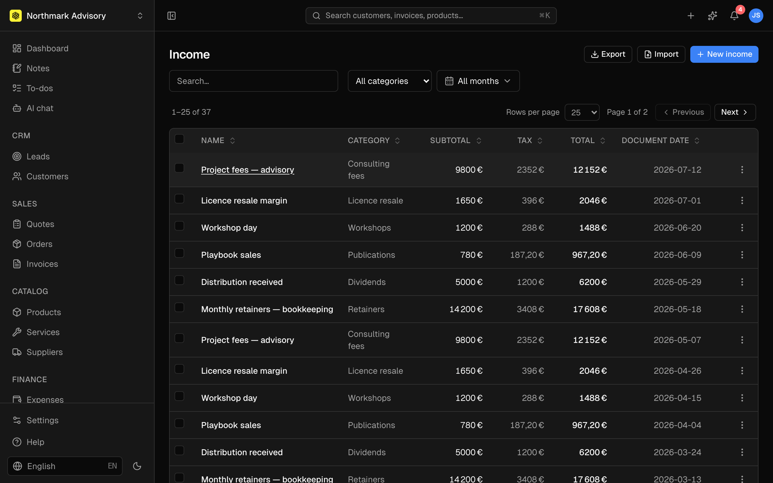 Income record linked to a customer and category.