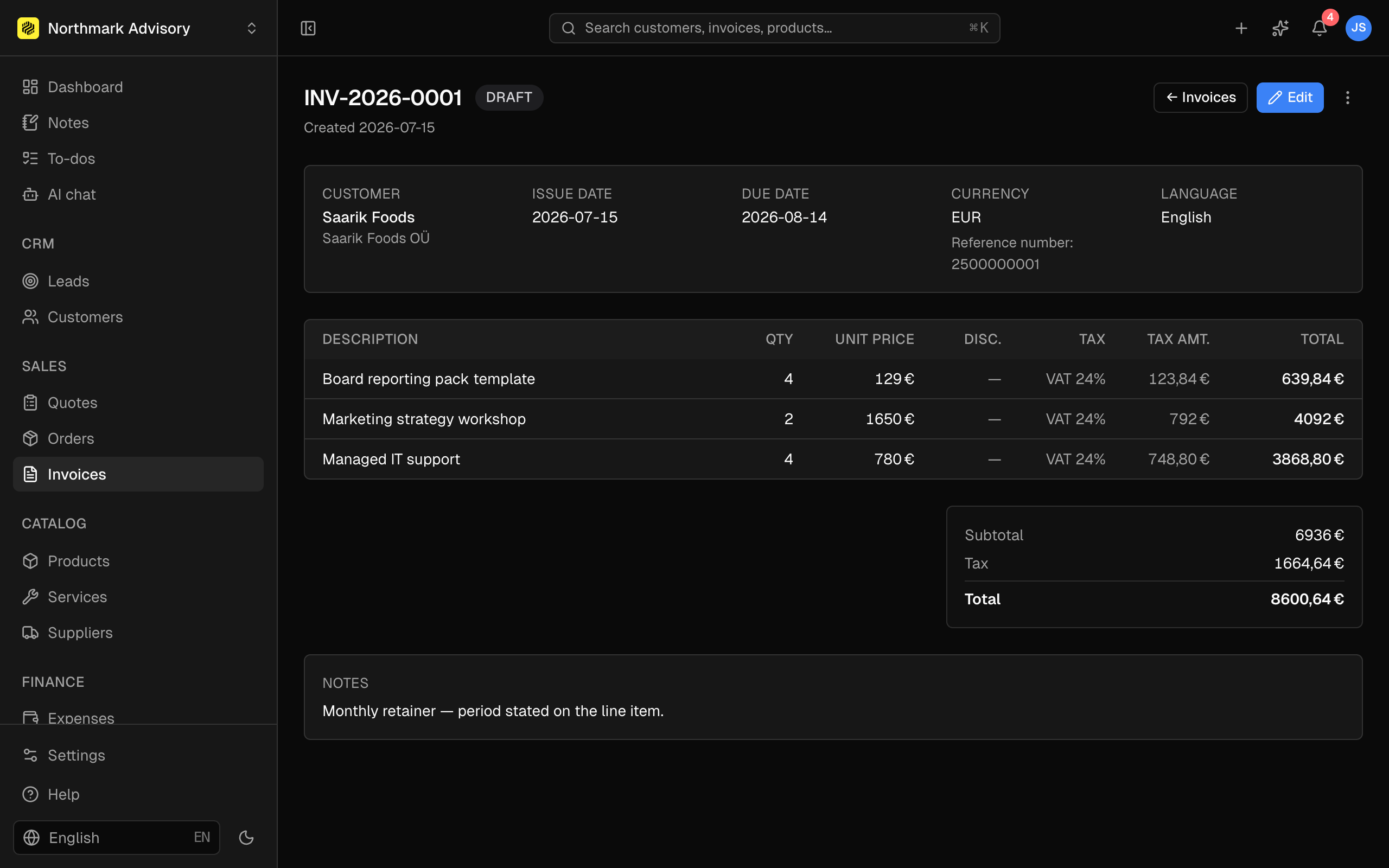 Invoice editor: customer, line items, VAT rates, totals, payment terms.