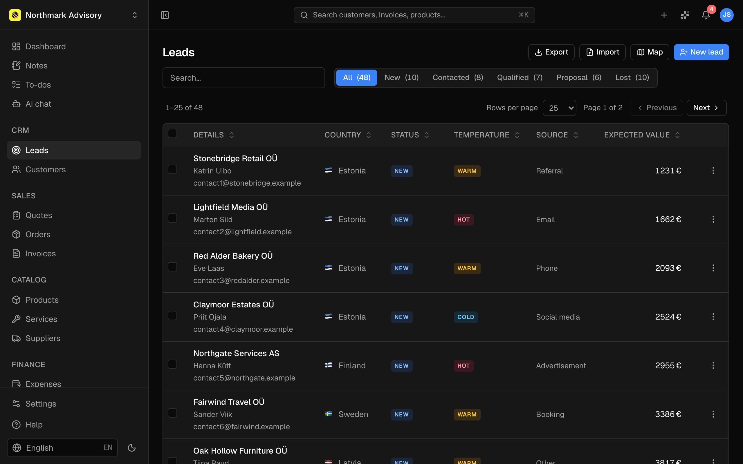 Leads list with segmented status filters (new, contacted, qualified, proposal) and expected value per lead.