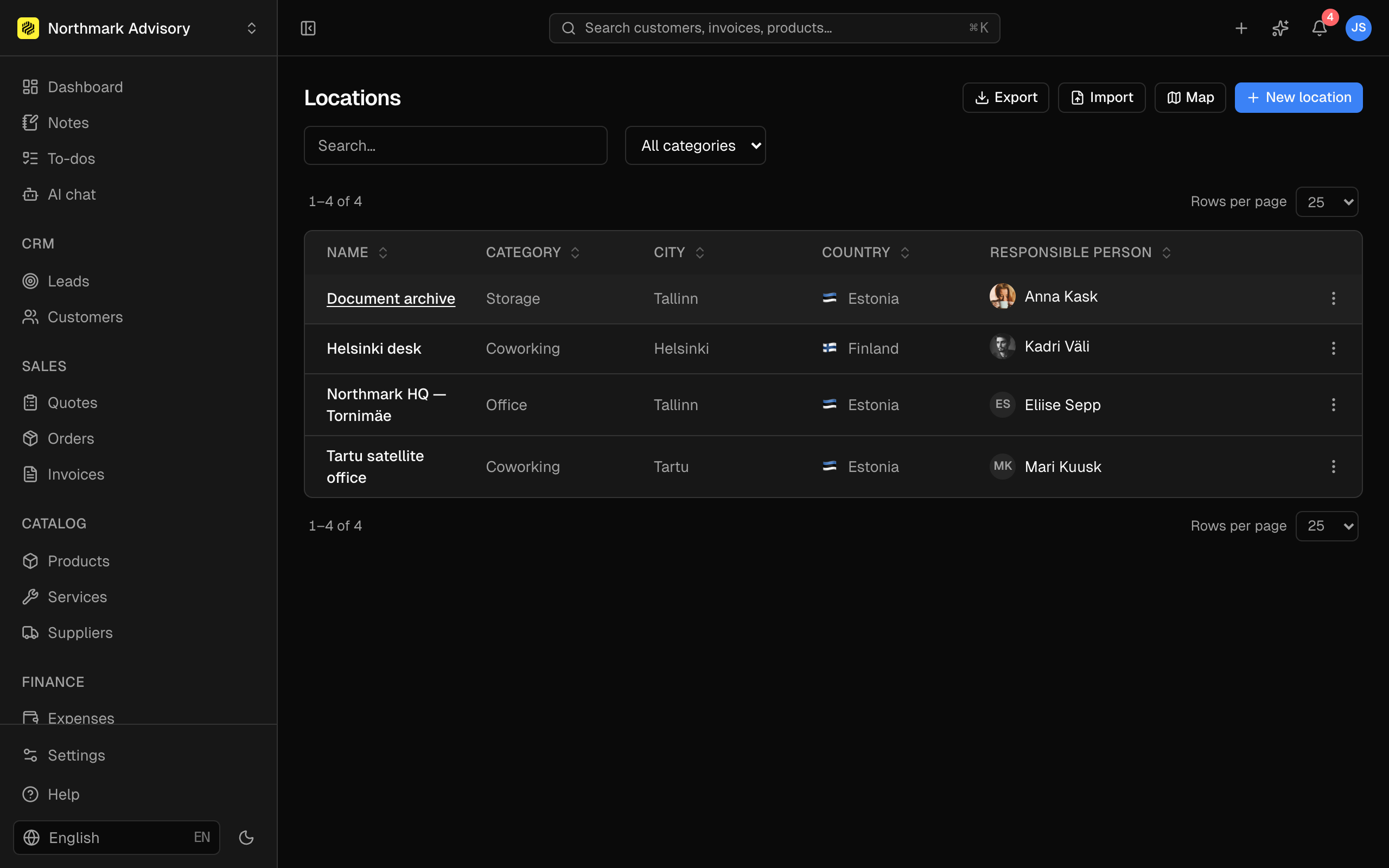 Location record with assigned staff and assets.