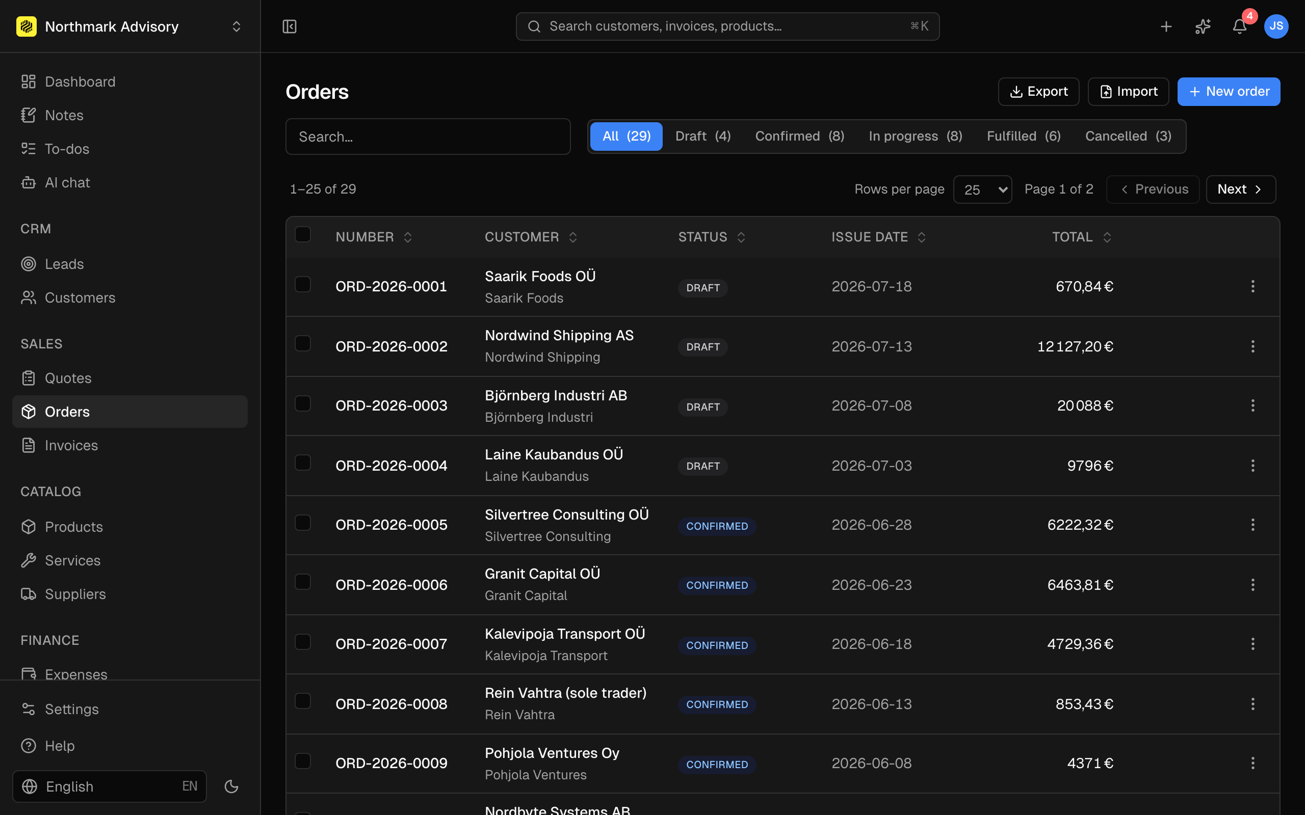 Order record showing ordered versus fulfilled quantities.