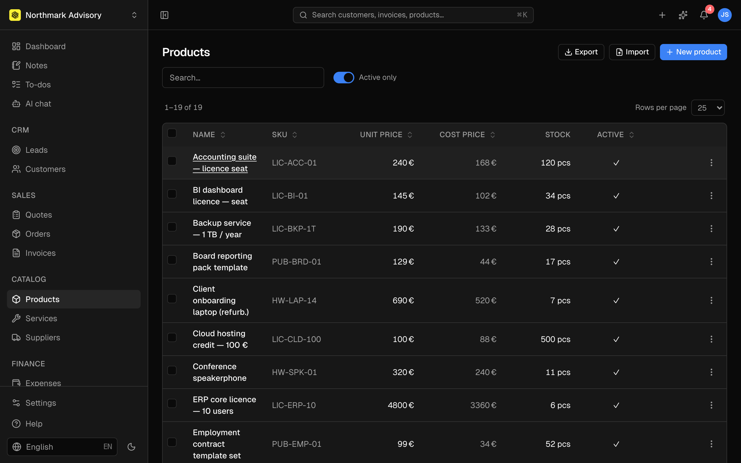 Product record: SKU, pricing, tax rate, stock level, category.