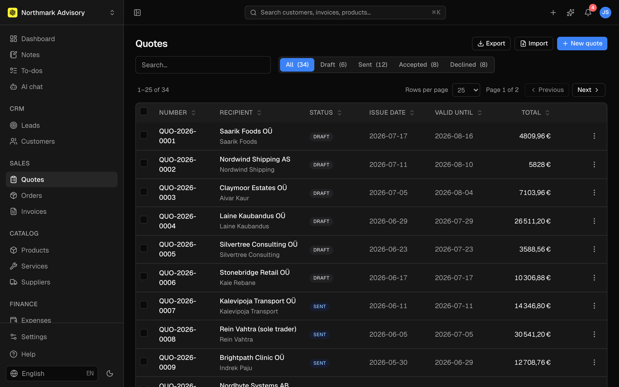 Quote editor with line items and line-level VAT.