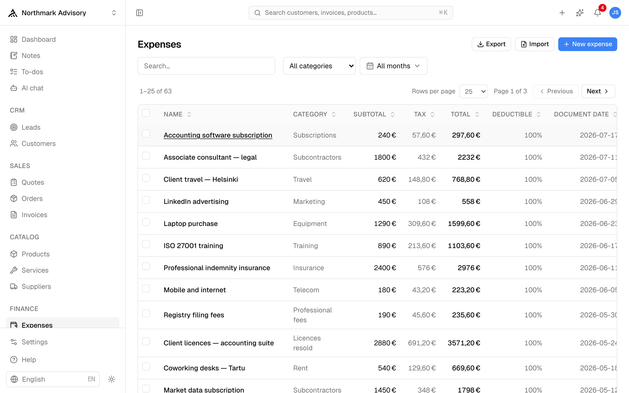 The expenses list — categorised entries with VAT and totals, filterable by category and month.